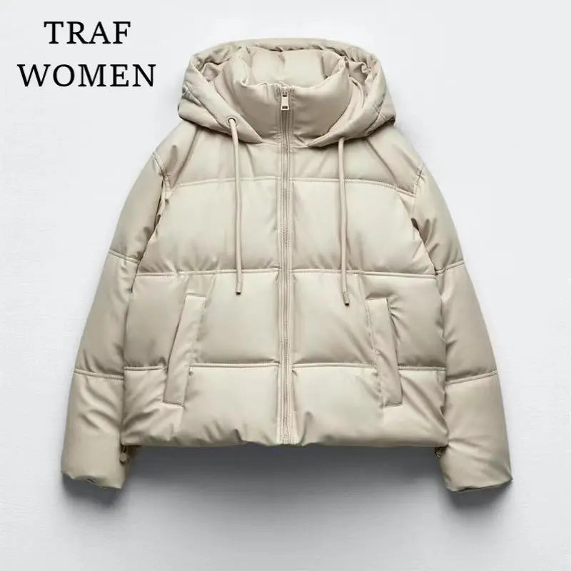 Women's Faux Leather Short Hooded Padded Jacket