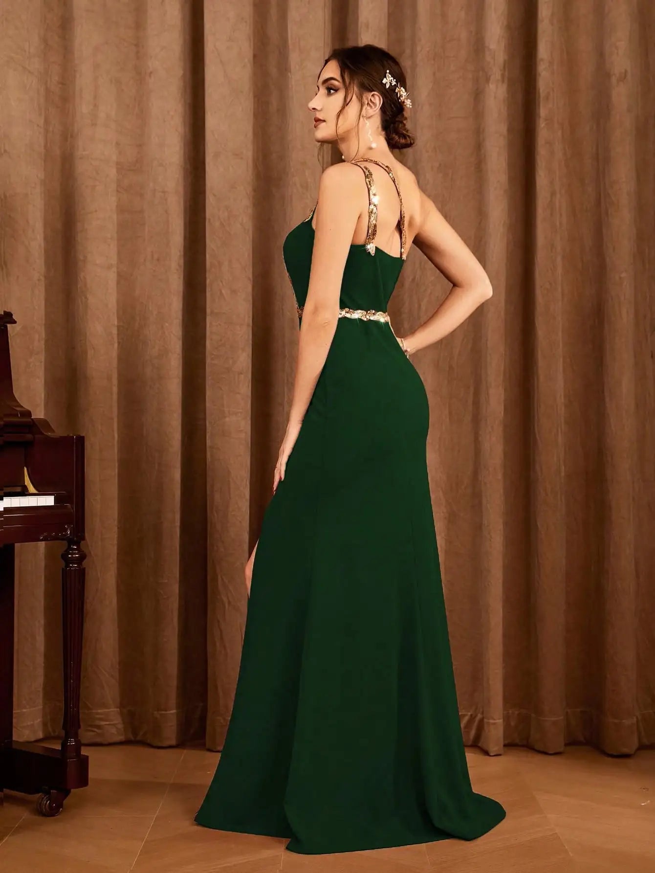 Sequin ribbon slit backless elegant evening gown Ball dress