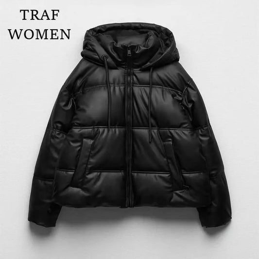 Women's Faux Leather Short Hooded Padded Jacket