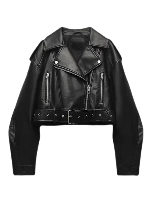 LEATHER EFFECT CROPPED BIKER JACKET