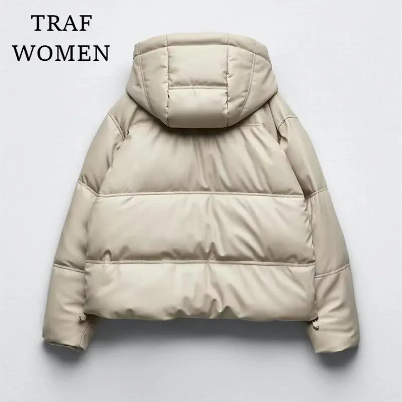 Women's Faux Leather Short Hooded Padded Jacket