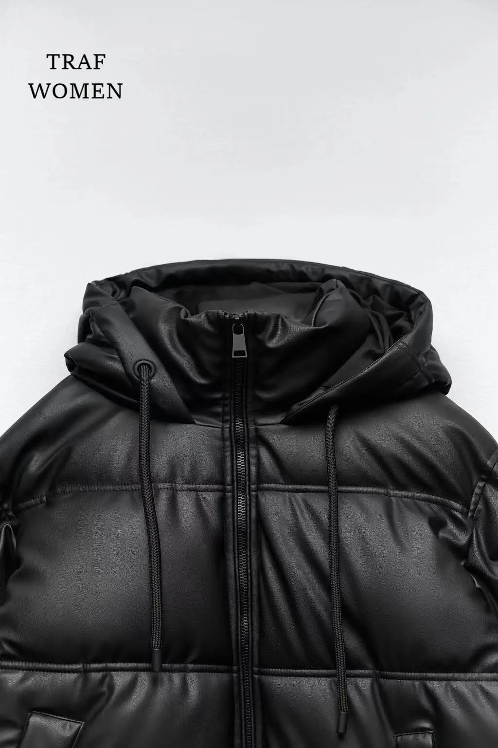 Women's Faux Leather Short Hooded Padded Jacket