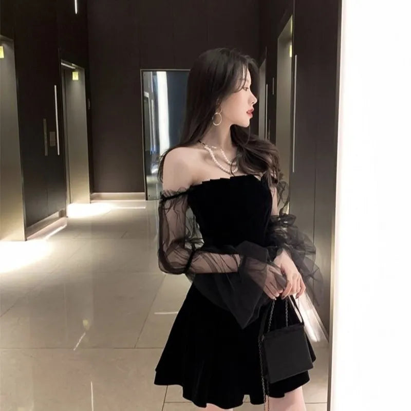 Women Black Retro Lace Chiffon Mini Dress