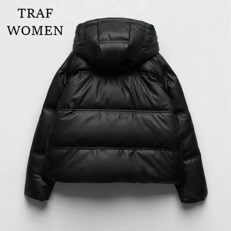 Women's Faux Leather Short Hooded Padded Jacket