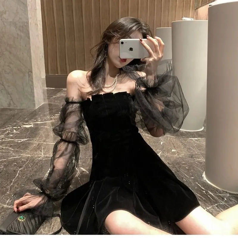 Women Black Retro Lace Chiffon Mini Dress