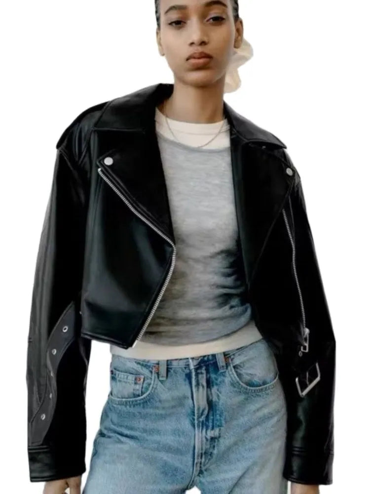 LEATHER EFFECT CROPPED BIKER JACKET