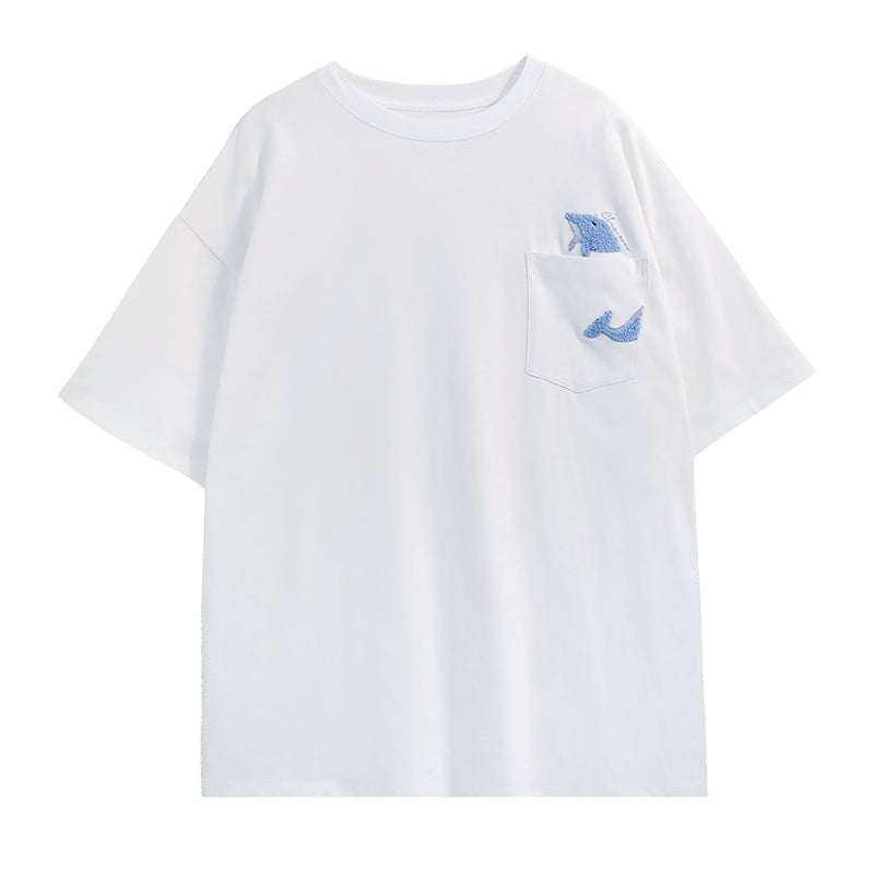 Mens Cartoon Whale Print White Short Sleeve